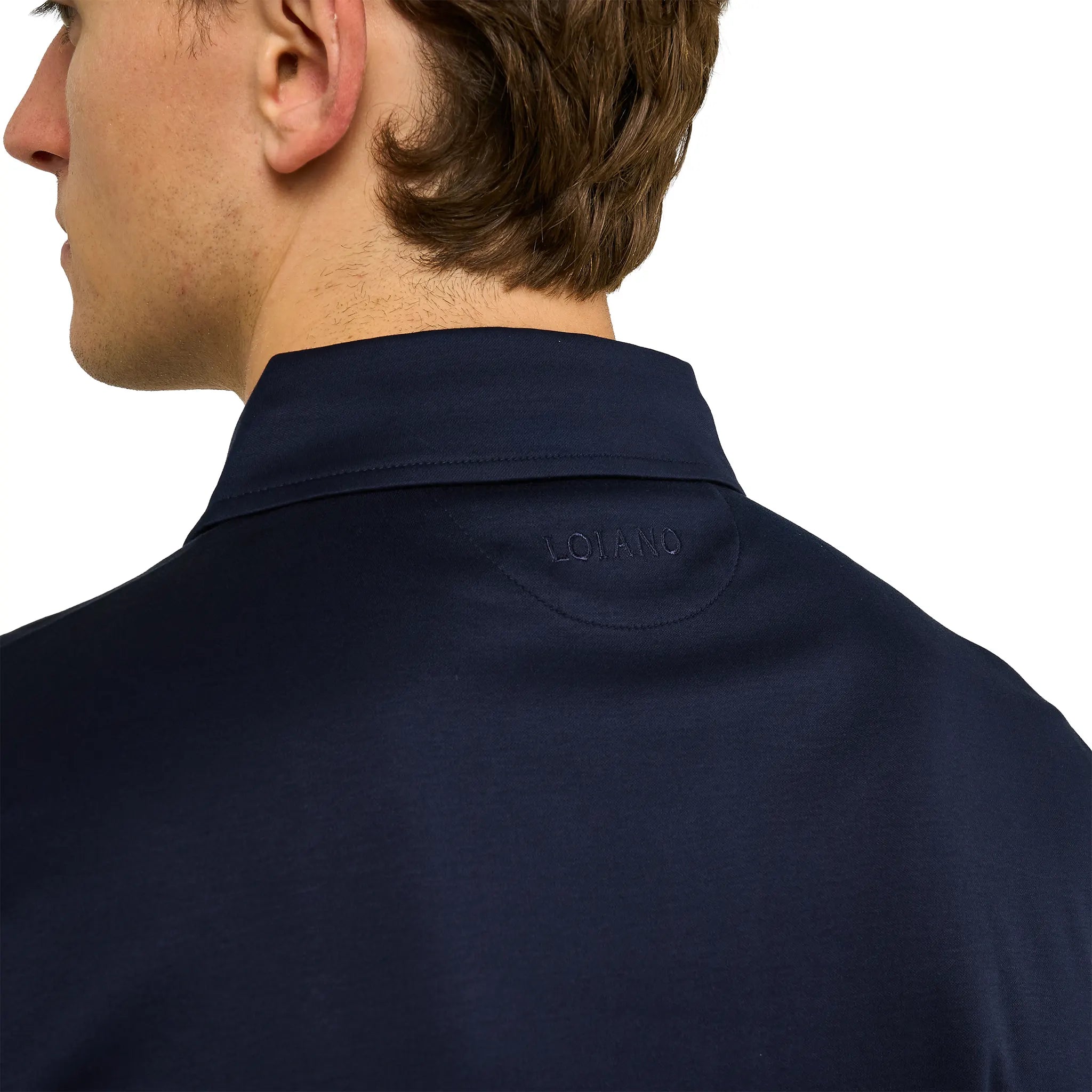 Detailed Back View of Loiano Egyptian Cotton L/S Navy Polo Shirt